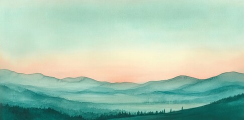Poster - Blending green and blue hues, watercolor brushstrokes form a soft and ethereal landscape abstraction