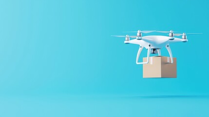 Poster - Futuristic Drone Delivering Cargo Package in a Minimalist Blue Background for Logistics Solutions