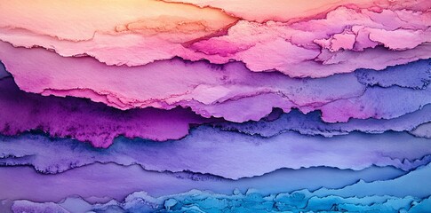 Fototapete - A textured abstract composition is formed by the blending of pink, purple, red, and blue watercolor stripes