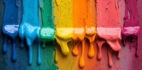 Poster - Rainbow-colored paint splatters and drops onto a see-through background, forming a beautiful and colorful banner with a unique, drippy design