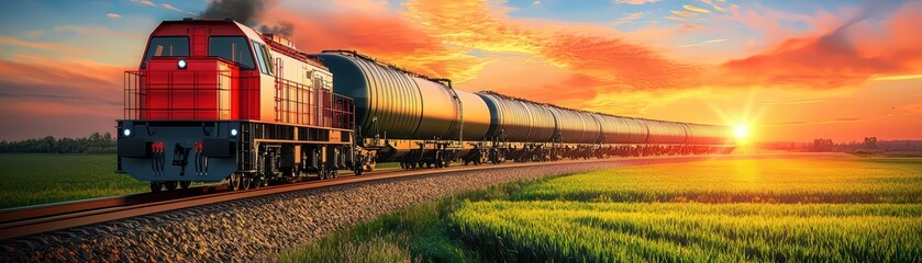Poster - Gigantic Futuristic Freight Train Moving Through Gorgeous Sunset Landscape
