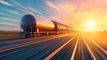 Poster - High-Speed Cargo Transport System in Motion at Sunset with Blurred Background and Vibrant Colors