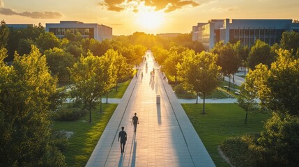 Fototapete - A university campus in a clean energy smart city with solar-paneled pathways and sustainable design 