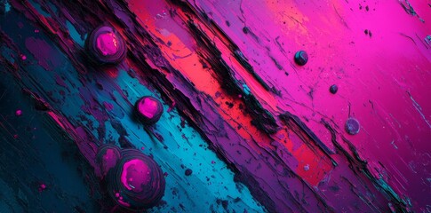 Poster - Chaotic, edgy modern design elements merged with grunge texture and a vibrant color palette of pink, turquoise, and black