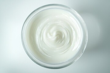 Poster - Overhead close up of dairy cream in a transparent bowl displaying a spiral texture on light surface