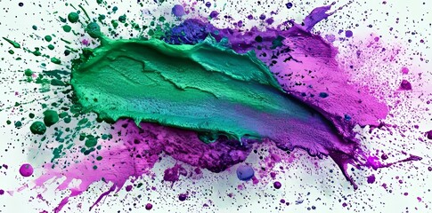 Poster - Against a clean white background, vibrant purple and green watercolor splashes come together to form an abstract design, creating a dynamic artistic effect