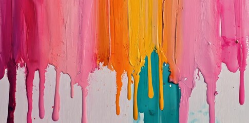 Poster - The dripping and splashing of vibrant rainbow watercolor paint creates a beautiful abstract design on a sheet of white paper