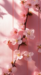Poster - Delicate cherry blossoms cascade gracefully over a pastel pink backdrop, creating a serene atmosphere. Sunlight gently casts shadows, celebrating nature's artistry and spring's arrival