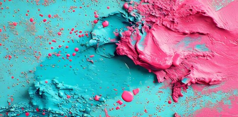 Fototapete - Vibrant pink and blue watercolor splashes arranged in circular shapes on a clean white background result in a lively and artistic visual composition
