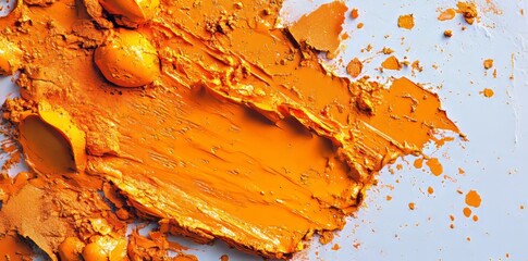 Poster - Dynamically splashing and blending across textured white paper, vibrant orange watercolor forms an expressive abstract artistic composition