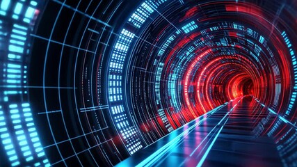 Poster - glowing blue and red abstract digital tunnel creating a futuristic perception of speed and depth, ab