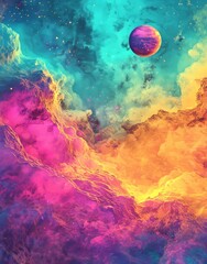 Poster - The cosmic scene is captured in a watercolor painting of nebulae, stars and planets