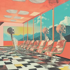 Poster - Interior scene featuring skeletal figures sitting in a waiting room