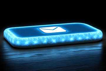 Poster - Glowing blue rectangular object with an email icon, resting on a dark surface.  It emits a light along its edges