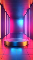 Poster - A striking hall is adorned with vivid hues of blue and pink, where glowing vertical lights create a dynamic atmosphere. A circular platform awaits the upcoming performance, exuding excitement