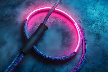 Poster - Glowing pink neon ring encircles a dark cable on a textured blue surface.  Intriguing contrast and light play