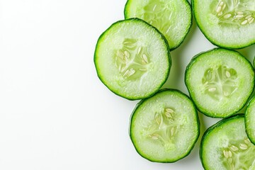Poster - Fresh crisp cucumber slices on clean white background arranged to inspire healthy eating habits