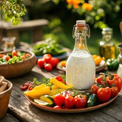Aufkleber - Sunny Outdoor Salad with Fresh Bottle Ranch Dressing Picnic Scene in Rustic Garden Setting