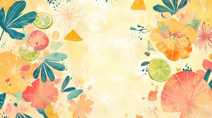 Poster - Artistic summer mood background with abstract tropical flowers and fruits in decorative style
