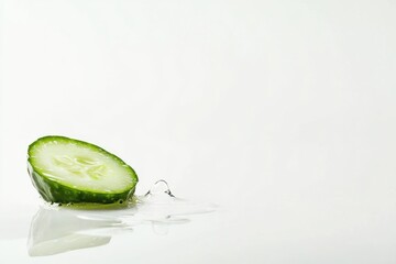 Aufkleber - Fresh cucumber slice with water droplets resting on reflective surface evokes summer refreshment