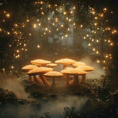 Aufkleber - Enchanted forest with glowing mushrooms and magical string lights creating a whimsical atmosphere in nature