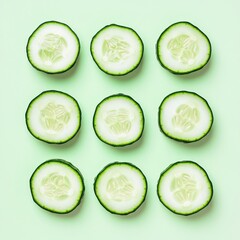 Poster - Fresh cucumber slices arranged in pattern on light green backdrop captures healthy diet and ingredient idea
