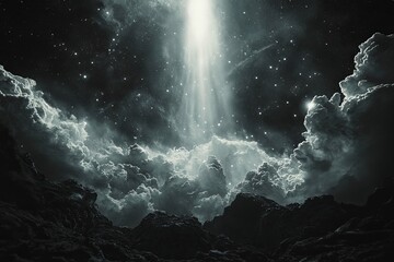 Poster - Against a black backdrop, an Stock black and white illustration emerges, distinguished by an overlay of white glowing lights, speed art, and motion-blurred lines, which are further enhanced by the