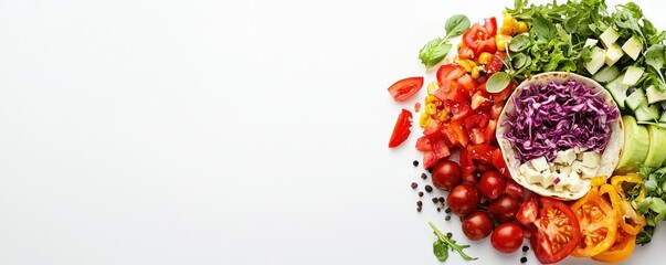 Aufkleber - Colorful and Vibrant Vegan Salad with Fresh Tomatoes Cabbage Arugula and Avocado on White Backdrop