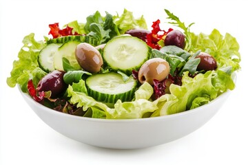 Poster - Close up vibrant salad in white bowl showcasing fresh cucumbers lettuce and olives nutrition balance