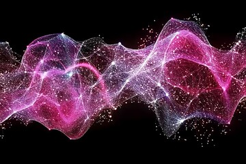 Poster - Wavy futuristic mesh network, vibrant pink and purple on black background
