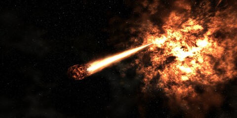 Wall Mural - Meteor with fiery trail in cosmic space. Glowing flames and dark void backdrop. Celestial body with intense light and smoky glow. Universe scene with stellar dust and radiant energy