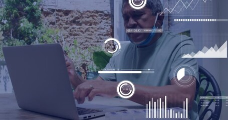 Poster - Using laptop, man analyzing data with animation graphics in outdoor setting