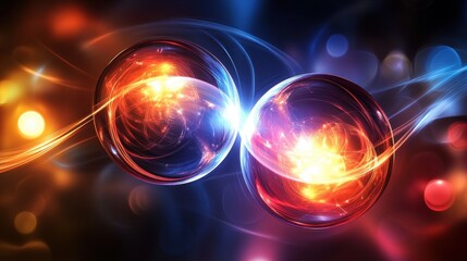 Poster - abstract energy collision two glowing orbs interacting with light trails, representing synergy and c