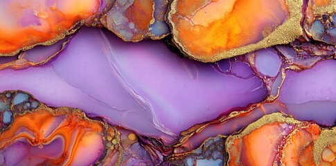 Poster - Featuring purple, orange, and gold, this alcohol ink painting produces a stunning abstract background perfect for incorporating into different design endeavors