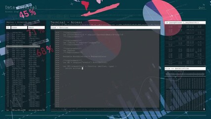 Poster - Accessing terminal with code, animation over abstract data visualization at school