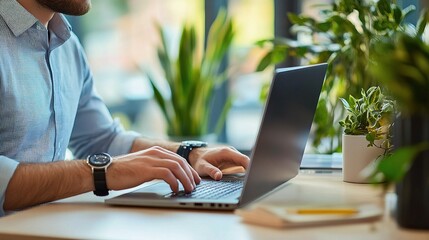 Poster - Businessman Typing on Laptop at Modern Desk Surrounded by Plants