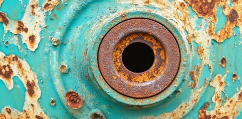 Poster - A weathered metal surface exhibits concentric circular patterns, providing a detailed view of its texture, including a prominent perforation at its center