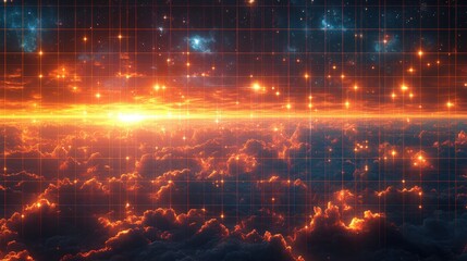 stunning abstract sunset over fiery cloudscape, overlaid with a grid and glowing stars; ideal for te