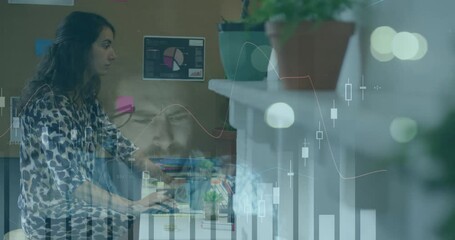 Poster - Woman working at desk with financial data charts overlay animation
