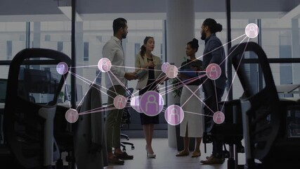 Poster - In office, business professionals discussing with animated network connections overlay