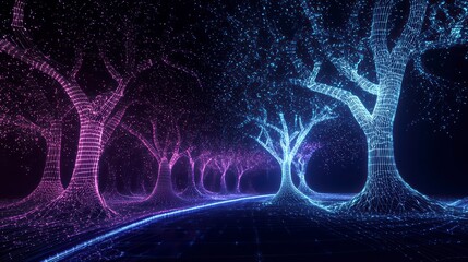 Poster - neon forest: a mesmerizing tunnel of digital trees glows with vibrant blue and purple hues, inviting