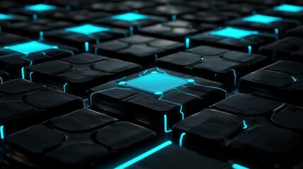 Poster - digital cubes: a close-up captures a futuristic grid composed of dark, textured cubes, some emitting