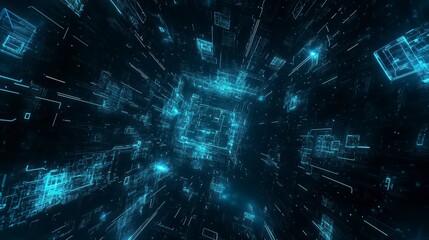 Poster - Digital Quantum: This captivating image portrays a simulated digital world or a concept of quantum computer, with glowing lines and neon squares. The scene evokes a sense of futuristic and abstract.