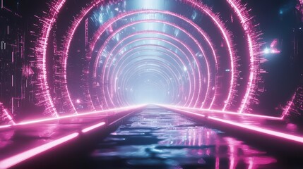 Poster - neon tunnel of progress: a mesmerizing tunnel illuminated by vibrant neon lights creates a sense of 
