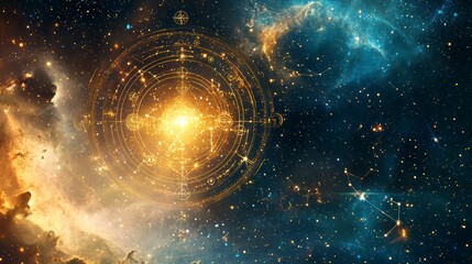 Poster - celestial oracle: an artistic representation of the cosmos, with a central glowing energy emanating 