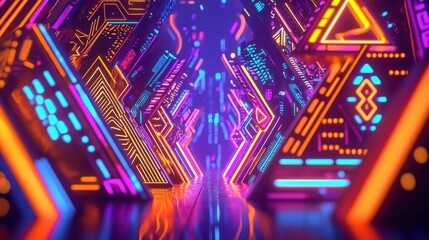 Poster - Neon Pyramid Tunnel: A vibrant, futuristic tunnel composed of glowing neon pyramids, emitting a radiant blend of pink, purple, and orange light, creating a captivating and energetic atmosphere.