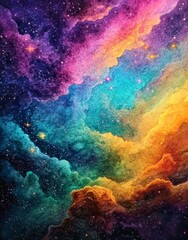 Poster - Bright stars shine in the dark night sky surrounded by a beautiful colorful nebula