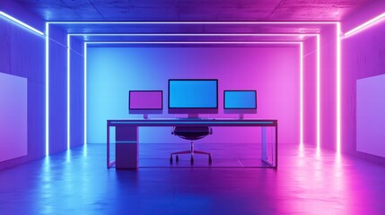 Poster - Neon-Lit Workplace: A futuristic office space, illuminated by vibrant neon lights, showcases a desk with computer monitors and a sleek office chair. The glowing ambiance creates a dynamic atmosphere.