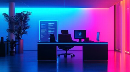 Poster - Modern Office with Neon Lighting: An interior shot showcasing a contemporary office space illuminated by vibrant neon lights, with a desk, computer.