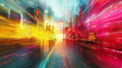 Poster - Abstract Cityscape: a vibrant, abstract representation of an urban environment, capturing the dynamic energy and rapid movement of city life